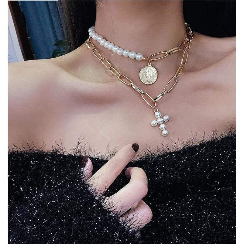 Pearl Necklace With Charm|Gold Cross Necklace|Crucifix Choker|Protection Necklace|Gold Cross Pendant|Religious Necklace - Dafitty