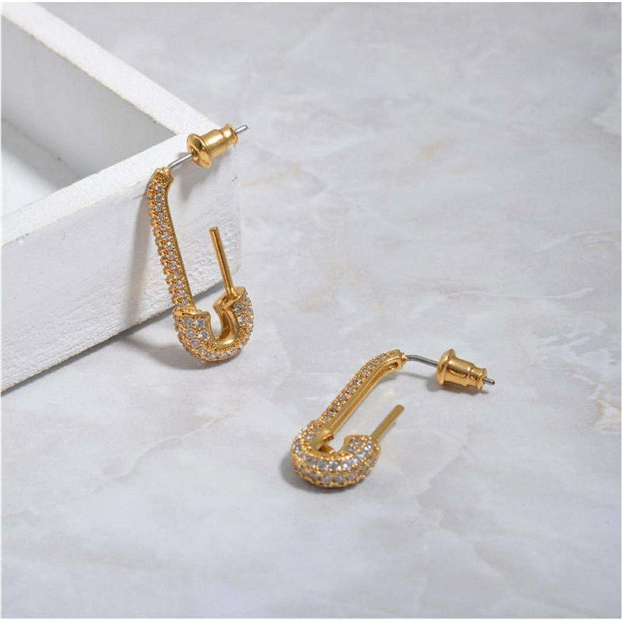 SAFETY PIN Earrings|Pave Gold Safety Pin Earrings|Modern Geometric Jewelry|18k Gold Minimalist Studs - Dafitty