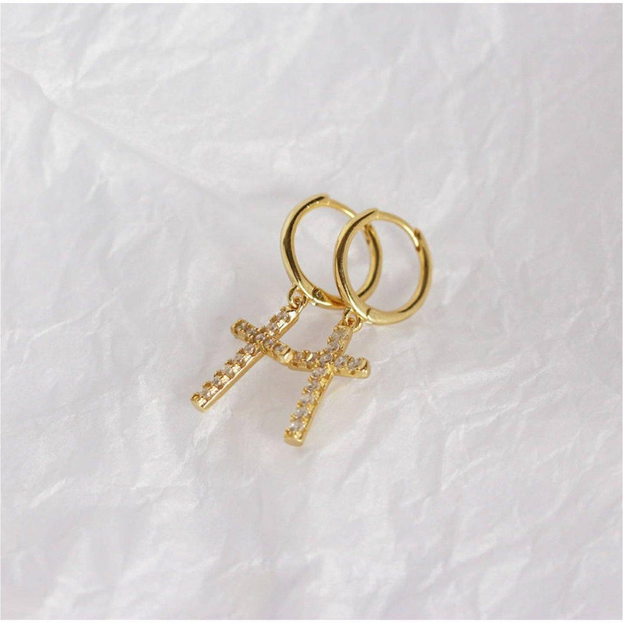 Cross Hoop Earrings Gold|14k Gold Sterling Silver Cross Plain Huggy Unisex Hoop Earrings Cubic Zirconia - Dafitty