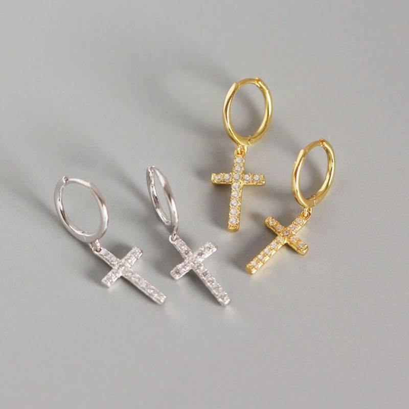 Cross Hoop Earrings Gold|14k Gold Sterling Silver Cross Plain Huggy Unisex Hoop Earrings Cubic Zirconia - Dafitty