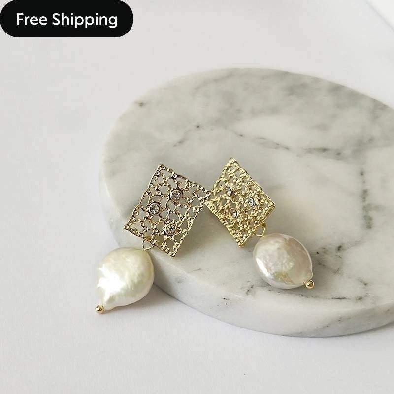 Pearl Drop Earrings|NATURAL FRESHWATER Gold Pearl Earrings|Rhinestone Oval Earring|Mothers Day Gift - Dafitty
