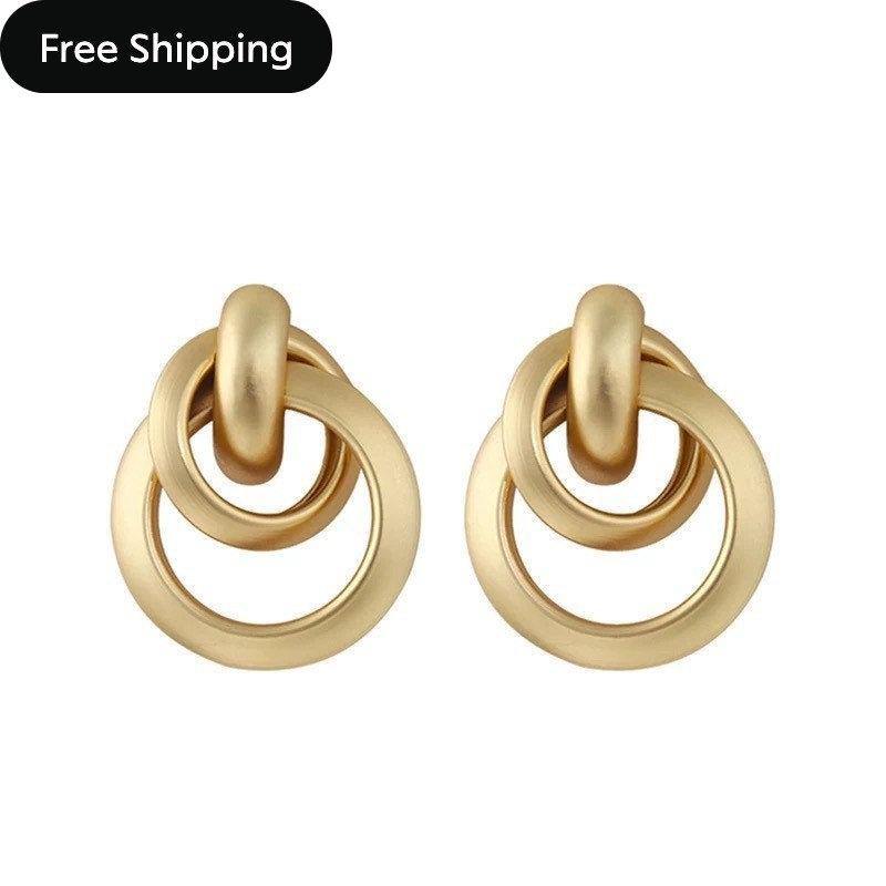 GOLD DANGLE Drop Earrings|Round Circle Studs|Minimalist Jewelry|Matte Gold Earring|Women Wedding Gift|Push Back Stud - Dafitty
