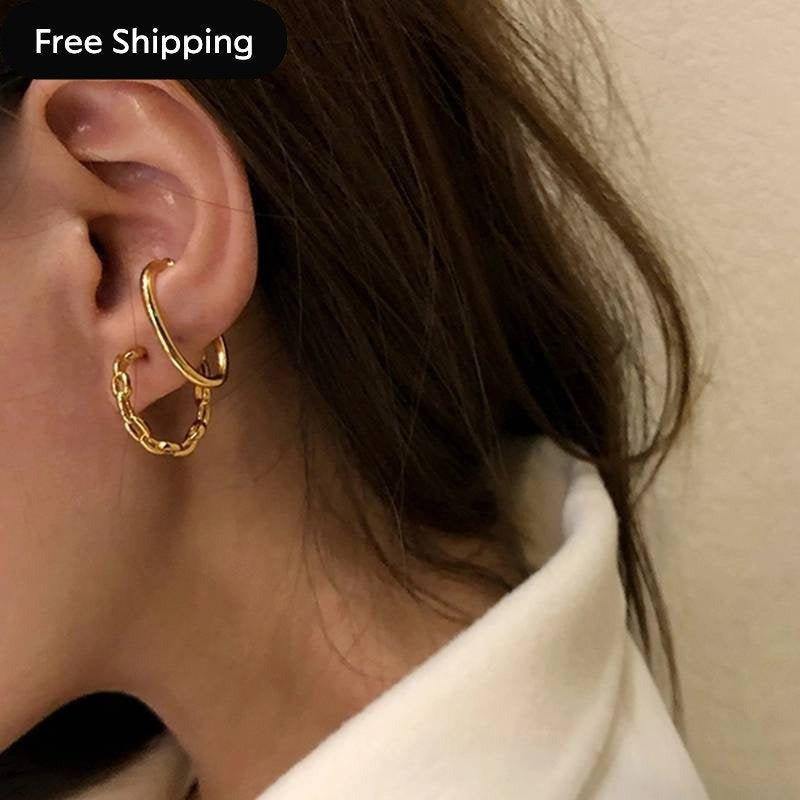 Huggie Hoop Earrings|Chain Link Earrings 18K Gold Plated 925 Sterling Silver Post Charm One Piercing Hoops/BA001 - Dafitty