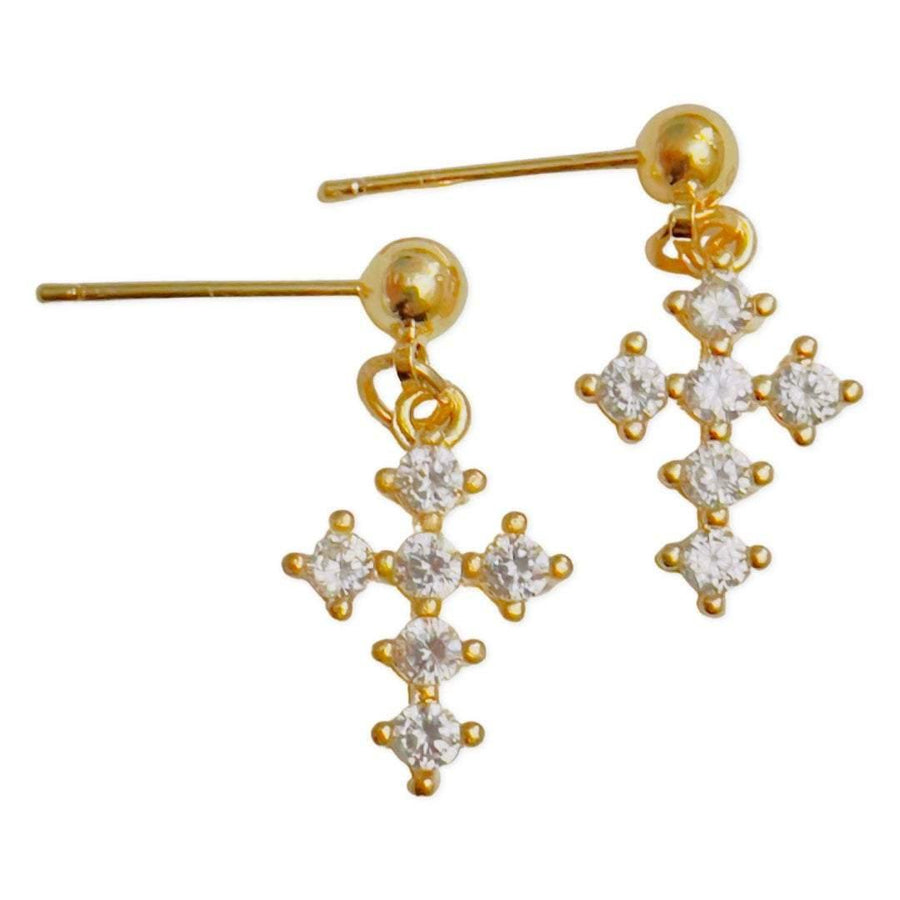 Gold Cross Earrings/Cross Drop Earrings|18k Gold Plated Sterling Silver Cross Plain Unisex Earrings with CZ - Dafitty